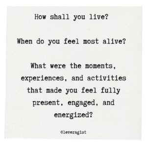 How shall you live? 

When do you feel most alive? 

What were the moments, experiences, and activities that made you feel fully present, engaged, and energized?